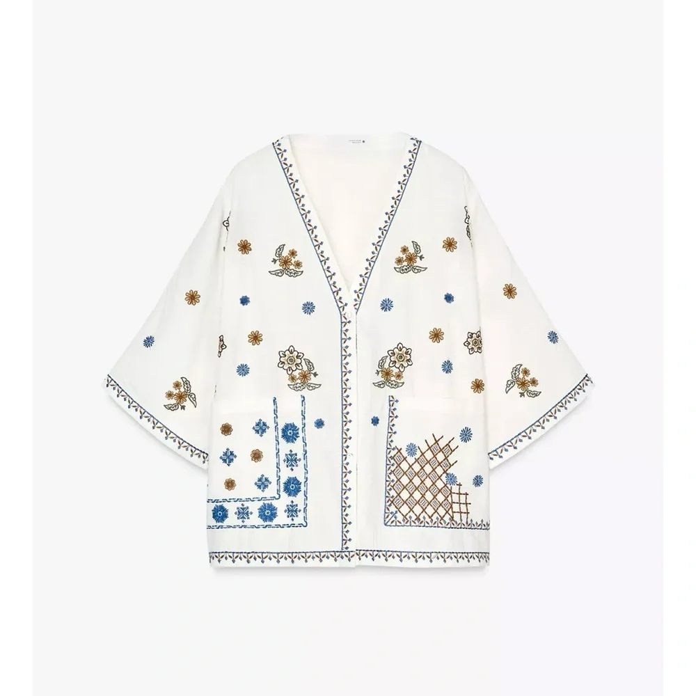 Zara Womens Floral Embroidered Kimono Top 2025 Boho Retro Collection - Picture 6 of 10